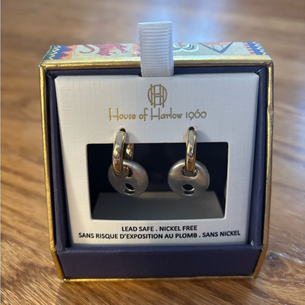 House of Harlow 1960 Gold Hoop Earrings with Gray Disc Charms